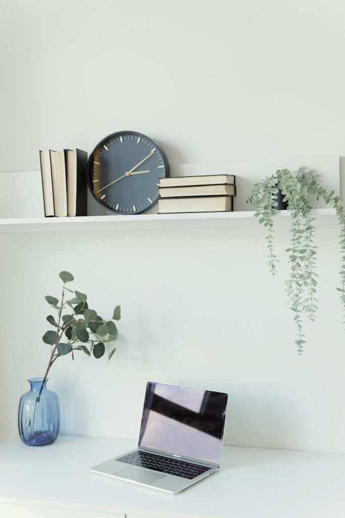 A serene modern workspace with a laptop, clock, books, and plants on shelves.
